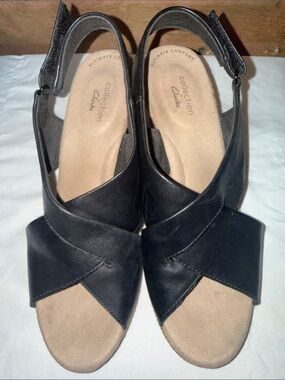CLARK'S Lafley Alaine black leather espadrille wedge slingback sandals